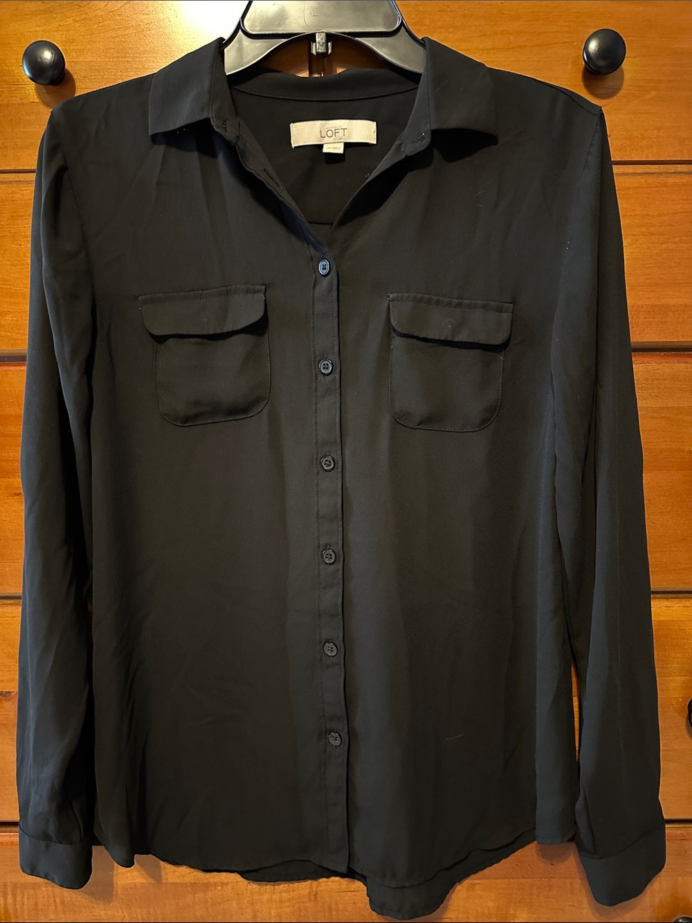LOFT Black Long-Sleeve Button-Front Blouse